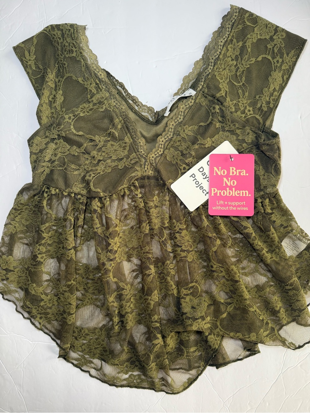 Good Days Project Olive Green Lace Babydoll Top - Size XS - Y2K Feminine - NWT